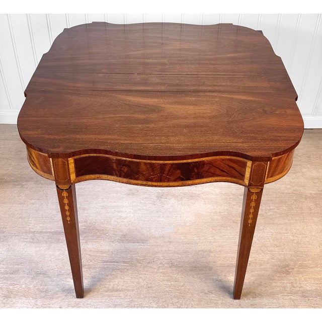 Antique Hepplewhite Inlaid Mahogany Expanding Half Moon Console Card Table For Sale - Image 6 of 15