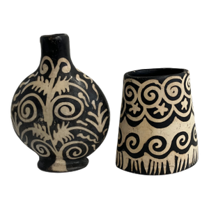 Vintage Mexican Black Sgraffito Pottery Vessels – Pair