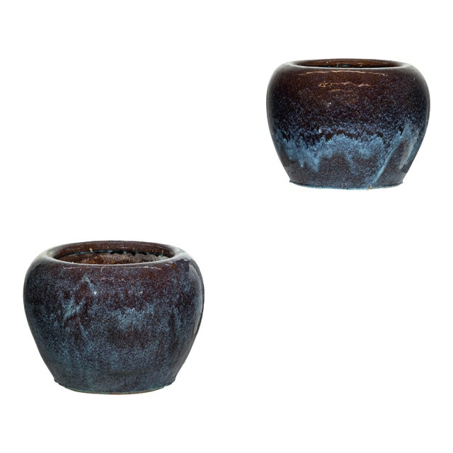 Very Near Vintage Chinese Blue and Aqua Glazed Ceramic Planters - A Pair For Sale