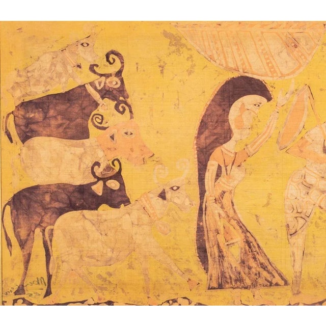 Indian Batik Art Textile Tapestry, 1965, depicting a man and woman sowing in the fields behind a team of oxen in mustard...