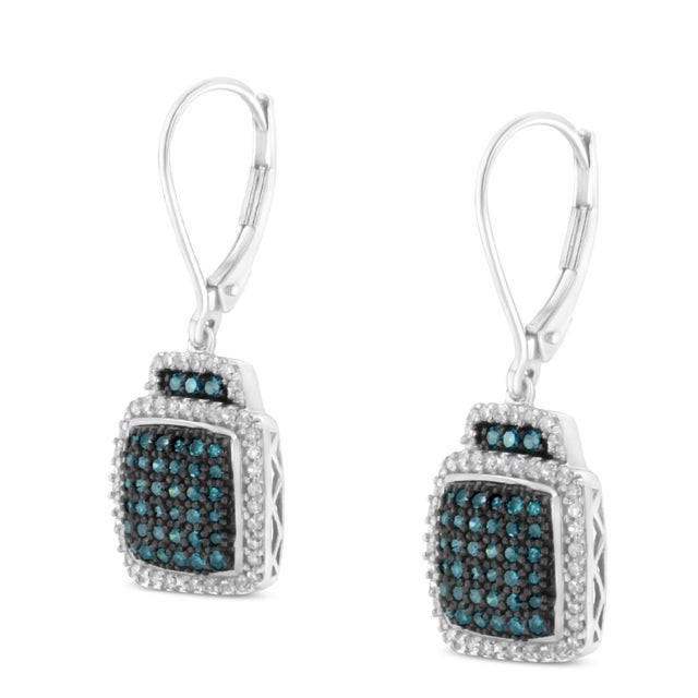Black Rhodium over 925 Sterling Silver Blue and White Diamond Cushion Shaped Dangle Earrings, A Pair For Sale - Image 4 of 7
