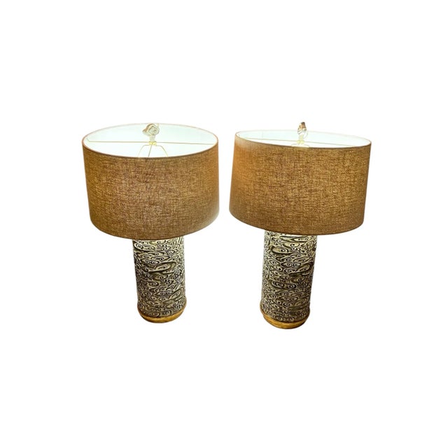 Contemporary Pair of Lamps Circa 2000s Swirled Carved Design in Dark Green Cylindrical Textured Surface With Gold Leaf Base For Sale - Image 10 of 12