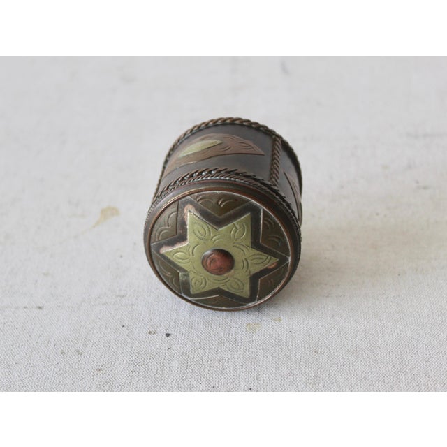 Spanish Vintage Spanish Style Cylindrical Brass Copper White Metal Lidded Container With Patina Star Detail For Sale - Image 3 of 9
