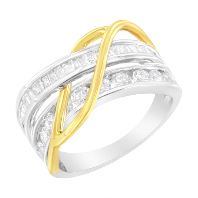 Contemporary 10K White and Yellow Gold 1 1/10 cttw Channel-Set Diamond Bypass Band Ring (J Color, I3 Clarity) - Size 8 For Sale - Image 3 of 7