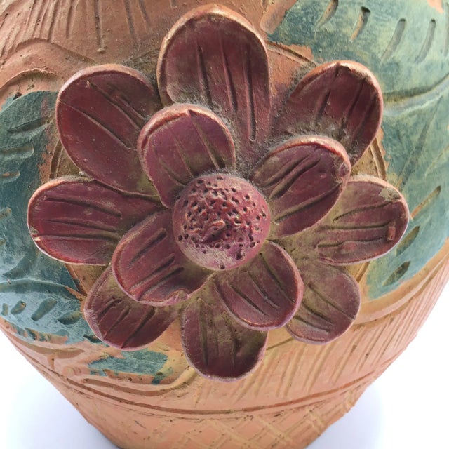 Large Hand Thrown 3 Handle Terra-Cotta Vase Floral Decorated For Sale - Image 10 of 13