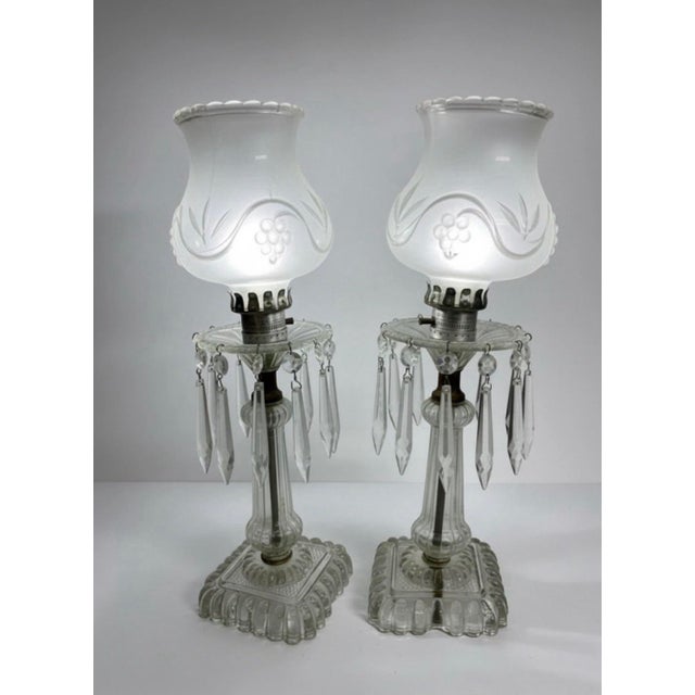 Early 20th Century Electrified Clear Luster Boudoir Lamps With Frosted Grape Shades - Pair For Sale - Image 12 of 12