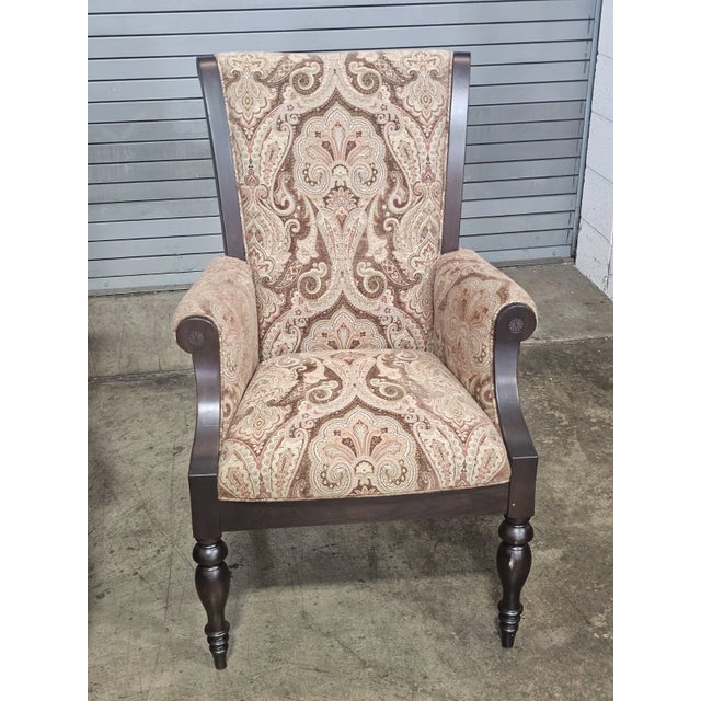 Late 20th Century Pair of Paisley Upholstered Coffee Color Stain Armchair Made by Country Hill, Millersburg Ohio For Sale In Cleveland - Image 6 of 12