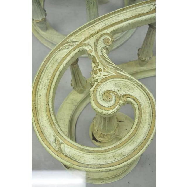 Italian Provincial Scrollwork Snail Glass Top Wooden Coffee Table Set - 3 Pc Set For Sale - Image 11 of 12