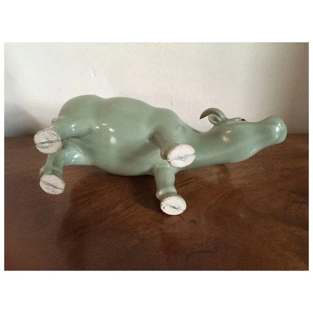 Celadon Antique Late Qing Chinese Monochrome Porcelain Figure of an Ox in Celadon Glaze C. 1890 For Sale - Image 8 of 11