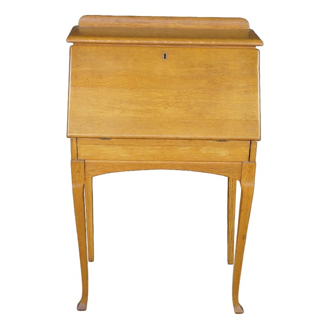Antique Late Victorian Petite Oak Slant Top Secretary Ladies Writing Desk 26" For Sale