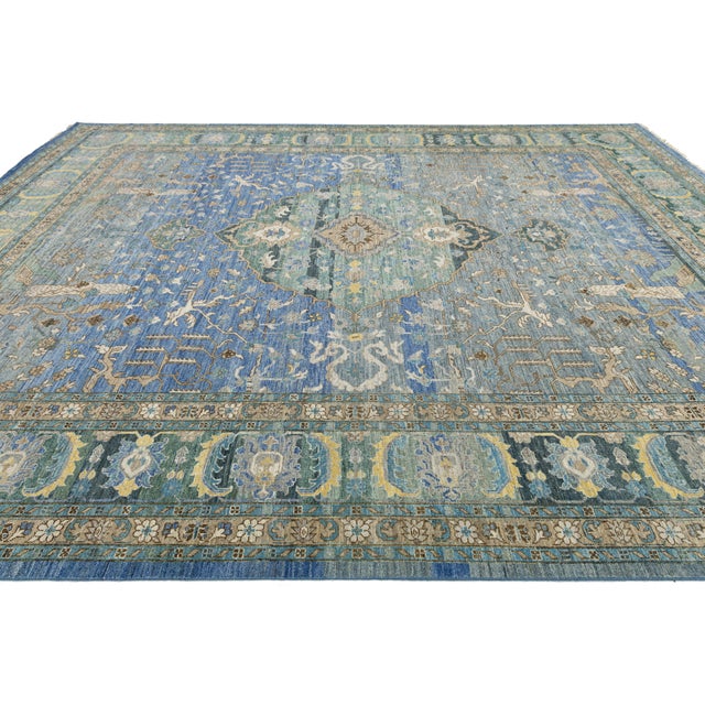 Modern Tabriz Style Medallion Wool Area Rug – Vibrant Blue, Sage Green & Yellow For Sale - Image 9 of 12