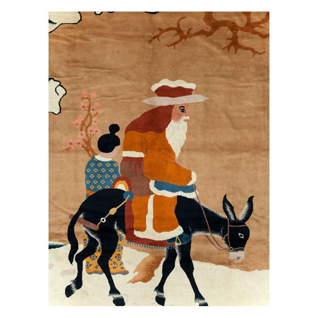 A vintage Chinese Art Deco room size carpet handmade during the mid-20th century with a pictorial design. Measures: 9' 6"...