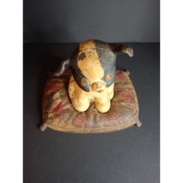 Metal Antique Hubley Cast Iron Fido on Pillow Still Penny Bank, Original Paint C. 1920s For Sale - Image 7 of 17