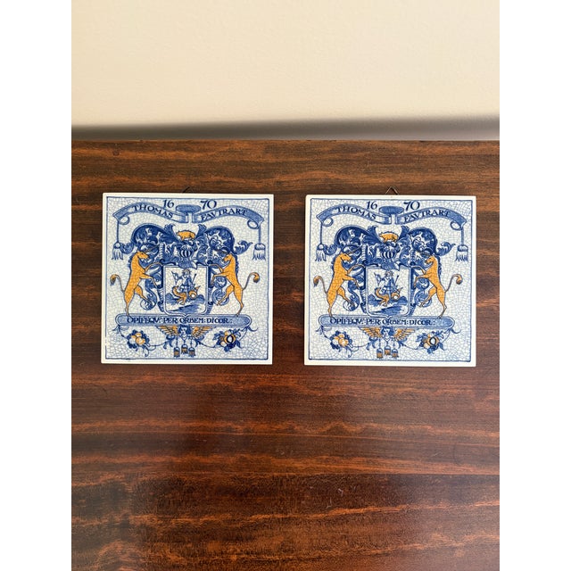 Blue Dutch Delft Blue and White Porcelain Tiles With Heraldic Coat of Arm, Set of 9 For Sale - Image 8 of 15