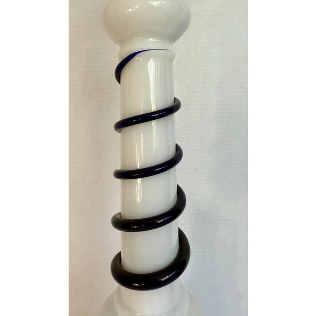 Mid 20th Century Art Deco Murano Style Milk Glass & Cobalt Blue Swirl Art Glass Table Lamp For Sale - Image 5 of 12