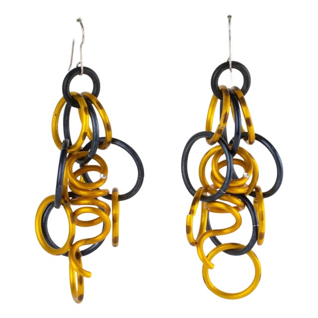 David Spada Space Age Gold and Black Aluminum Dangle Pierced Earrings For Sale