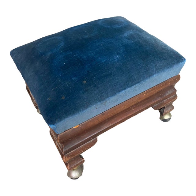 1970s Blue Covered Wooden Ottoman on Wheels For Sale