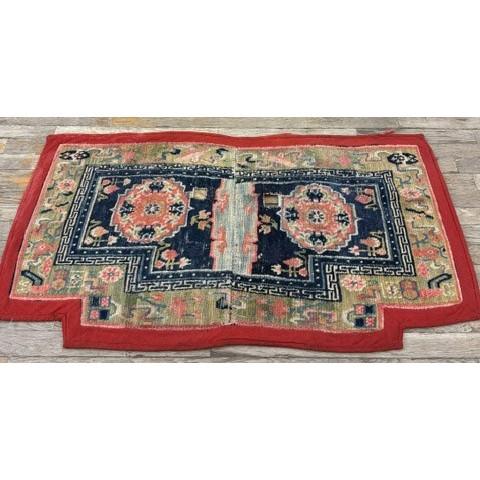 Chinese 1930s Bllue Medallion Traditional Antique Chinese Horse Cover Tibetan Rug For Sale - Image 3 of 7