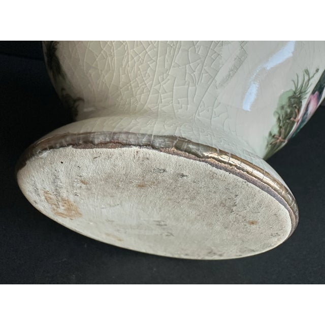 White Vintage 1900s Chinoiserie Bird & Pink Flowering Bush Round Porcelain Vase For Sale - Image 8 of 12