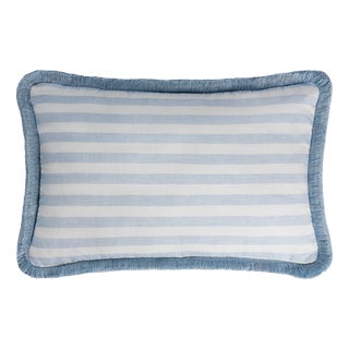 White Light Blue with Light Blue Fringes Happy Linen Striped by LO DECOR for Lorenza Briola
