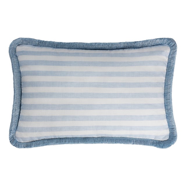White Light Blue with Light Blue Fringes Happy Linen Striped by LO DECOR for Lorenza Briola For Sale
