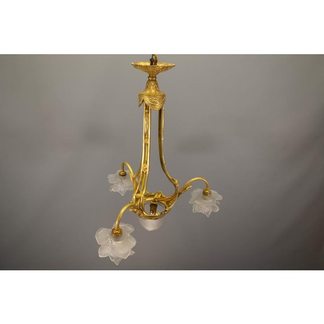 French Neoclassical Style Bronze and Frosted Glass Four-Light Chandelier, 1920 For Sale - Image 18 of 18