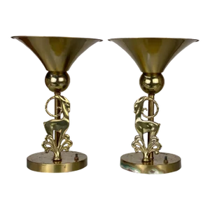 Mid-Century Art Deco Sculpted Brass Gazelle Motif Table Lamp - a Pair