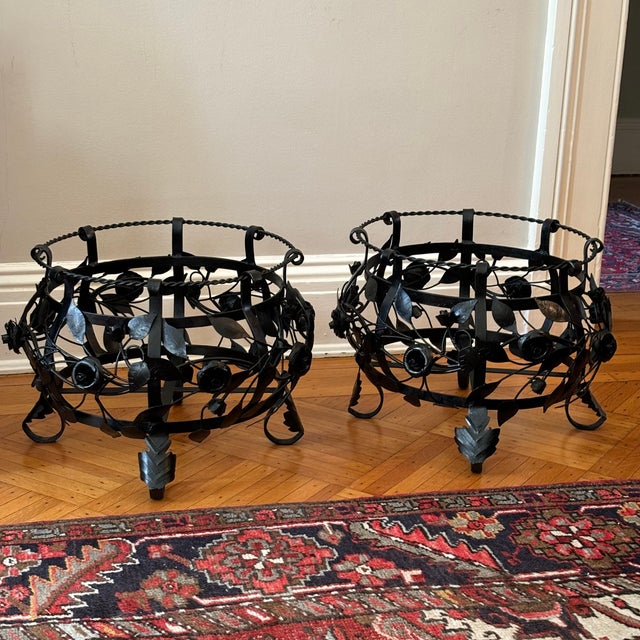 A unique pair of handcrafted French Art Nouveau-style iron plant stands with floral motif from the early-20th century....