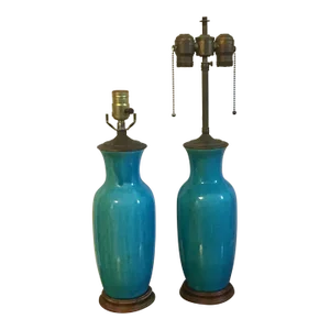 Antique 19th Century Chinese Turquoise Crackle Glaze Porcelain Table Lamps - A Pair