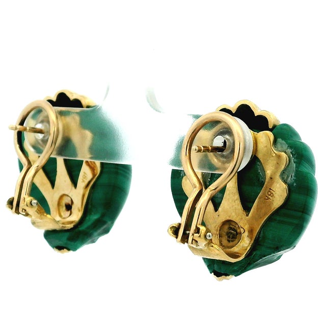 Vintage 1970s 18k Gold Carved Malachite Sculptural Clip-on Earrings, Pair For Sale - Image 11 of 13