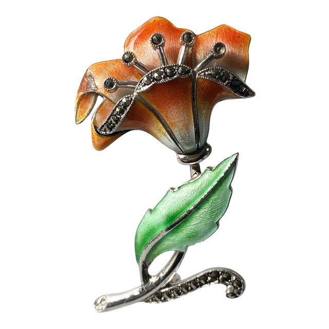 Vintage Sterling Silver Enamel Marcasite Flower Brooch For Sale