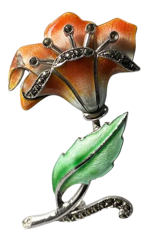Vintage Sterling Silver Enamel Marcasite Flower Brooch