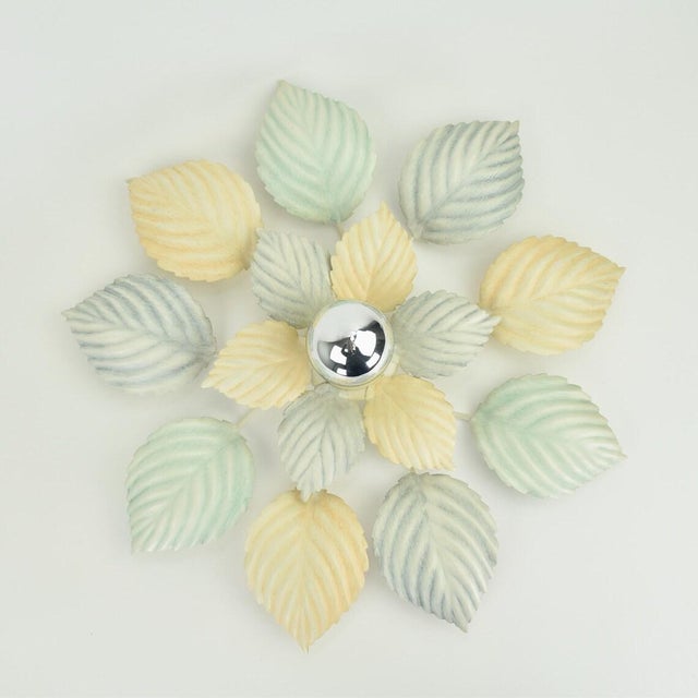Vintage Pastel Flush Mount or Wall Sconce Leafs Green Peach Light Blue | Mid Century Hollywood Regency Ceiling Lamp Toleware Retro 1980s For Sale - Image 4 of 10