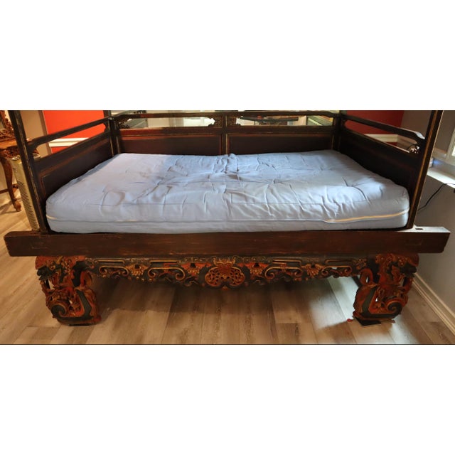 Ornate Hand Carved Chinese Canopy Wedding Bed With Mirrored Sideboard For Sale In Portland, OR - Image 6 of 15