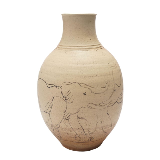 Stoneware Vase With Elephant Sketch by Bruce Howdle, 1980's For Sale - Image 4 of 9