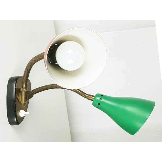 Red & Green Brass and Black Wood Adjustable Wall Lamp, 1960s For Sale - Image 6 of 12
