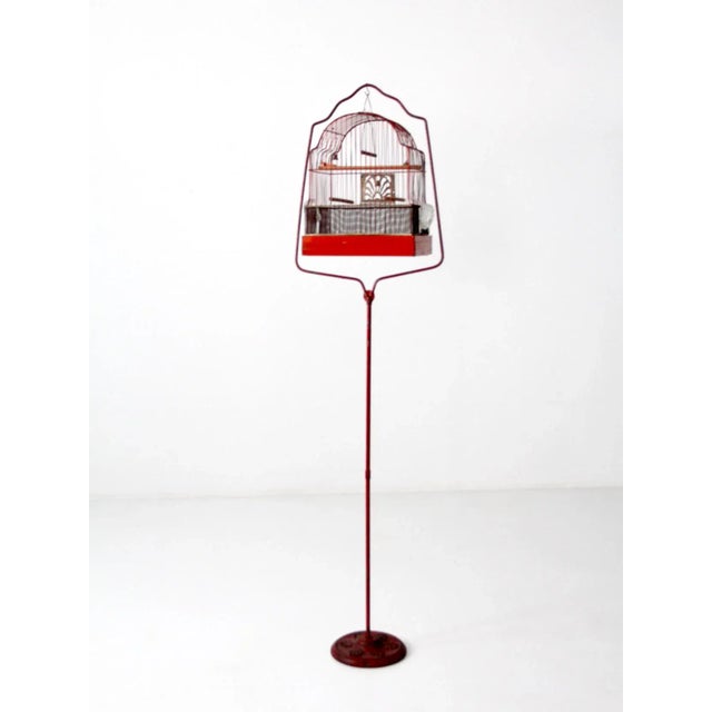 Art Deco Antique Red Bird Cage with Cast Iron Stand For Sale - Image 3 of 10