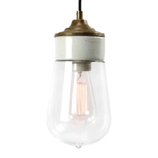 Mid-Century Modern Industrial White Porcelain and Clear Glass Pendant Lamp For Sale