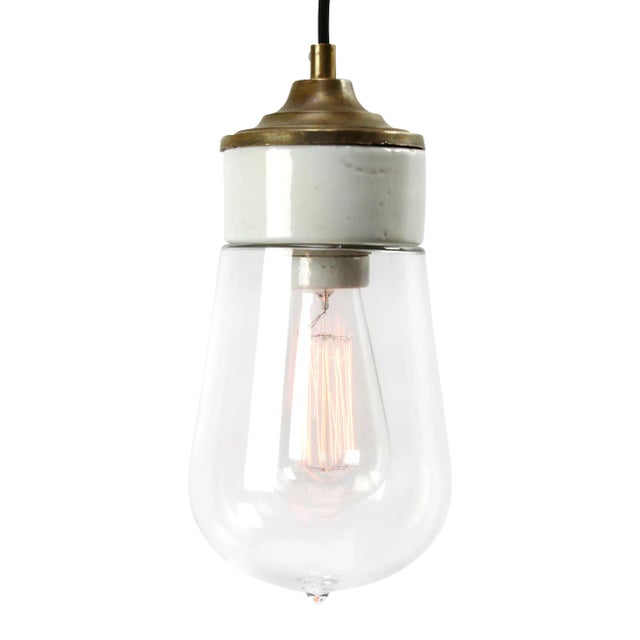 Mid-Century Modern Industrial White Porcelain and Clear Glass Pendant Lamp For Sale