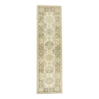 Modern Turkish Oushak Runner Beige & Ivory Handwoven Wool Rug 3' X 10'3" For Sale