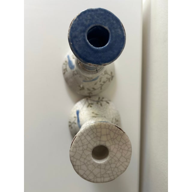 Ceramic 1990s Pair of Hand Painted Terracotta Candlesticks-Birds & Branches Motif For Sale - Image 7 of 10