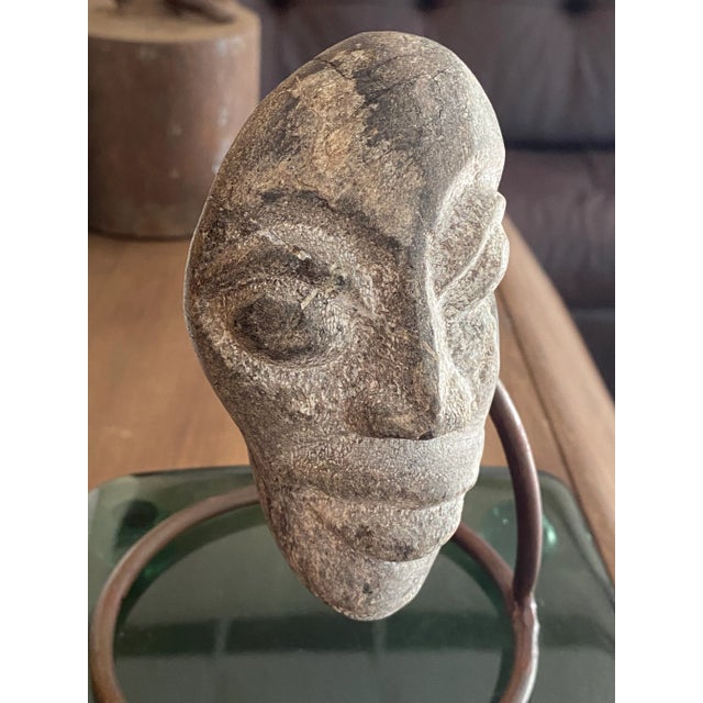 Surrealist Carved Stone Face Sculpture Steel Base Tribal Style Raw Wood Pedestal For Sale - Image 16 of 17