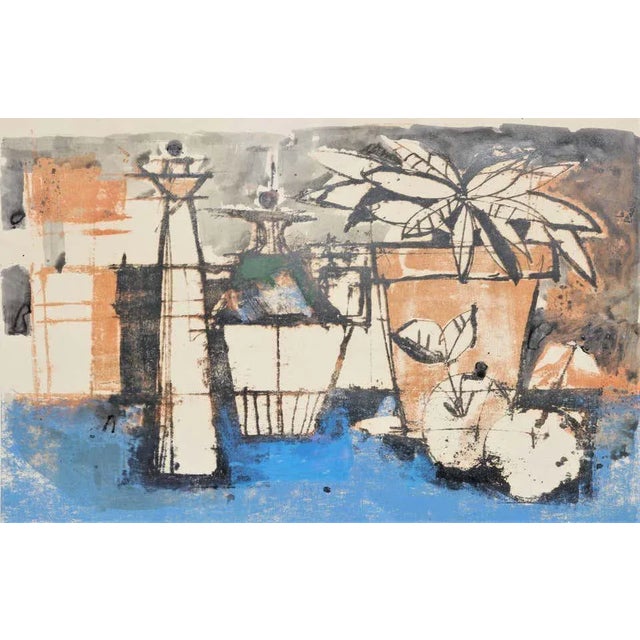Blue and orange abstract impressionist still life lithograph of plants, fruit, and containers on a table. Signed, dated,...