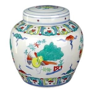 Early 20th Century Chinese Ceramic Tea Jar China Blue and White Doucai Porcelain Chenghua Tian Marked Jar Hand Painted Peacocks Pattern