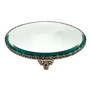 8" Vintage Round Mirrored Plateau Tray With Ornate Silver-Tone Gallery – Hollywood Regency / Neoclassical For Sale