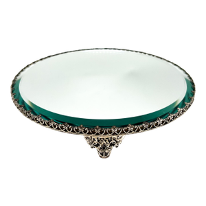 8" Vintage Round Mirrored Plateau Tray With Ornate Silver-Tone Gallery – Hollywood Regency / Neoclassical