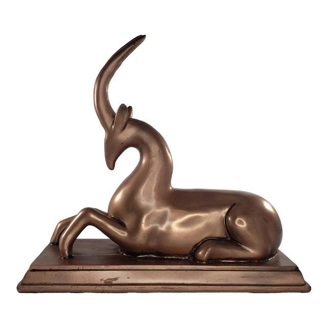 Late 20th Century Art Deco Copper Colored Gazelle Impala Deer Statue Figurine For Sale
