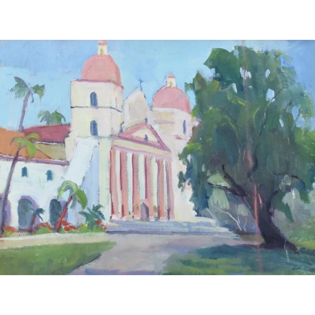 Santa Barbara Mission Church Landscape by Listed Artist Silvio Silvestri Oil Painting Including the Antiqued Gold Wood Frame For Sale In Los Angeles - Image 6 of 9