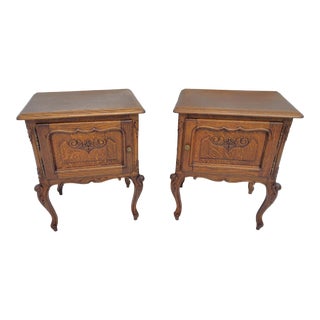 1930s Vintage Country French Tiger Oak Pair (2) Nightstands or End Tables With Floral Carving For Sale