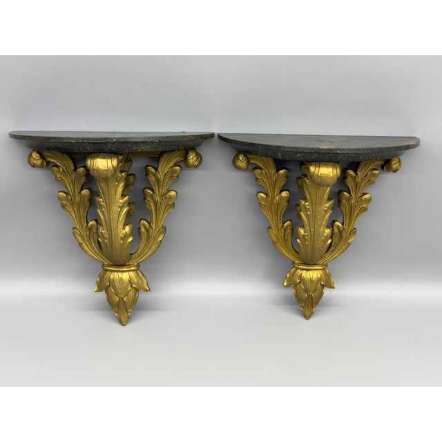 Gilded Acanthus Leaf Demi-Lune Hollywood Regency Wall Shelves, a Pair For Sale - Image 13 of 14